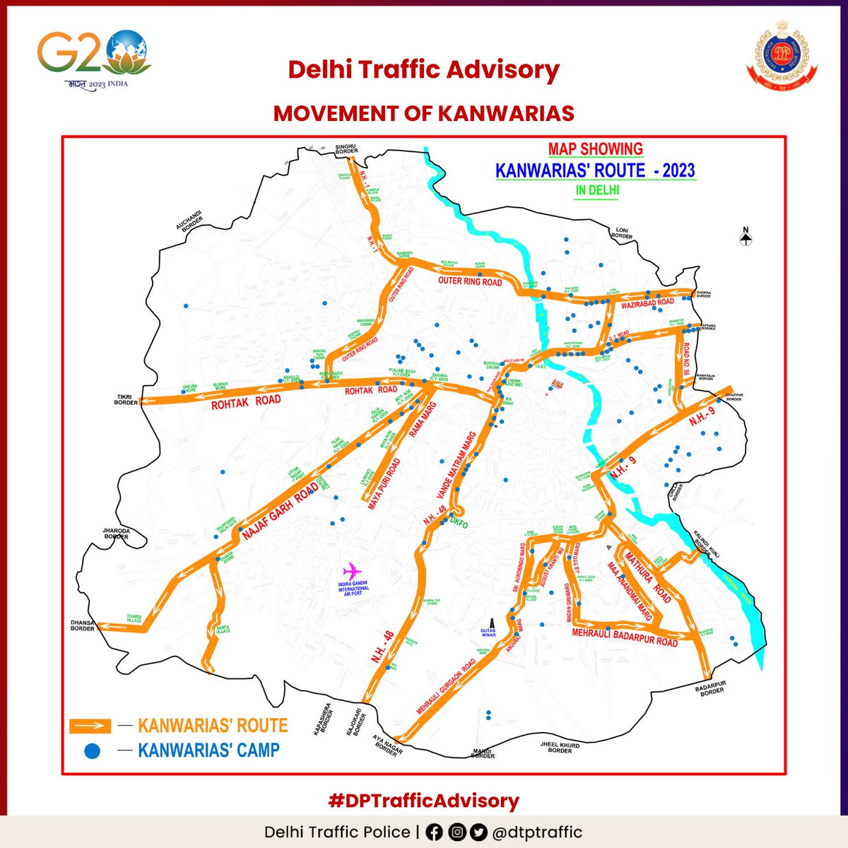 dtptraffic's tweet photo. Traffic Advisory

In view of the movement of Kanwar devotees from adjoining states to Gangotri Dham &amp; Haridwar via Delhi, #DelhiTrafficPolice has made elaborate traffic arrangements to minimise inconvenience to commuters &amp; devotees. Kindly follow the advisory.

#DPTrafficAdvisory https://t.co/MaHFRhcbMZ