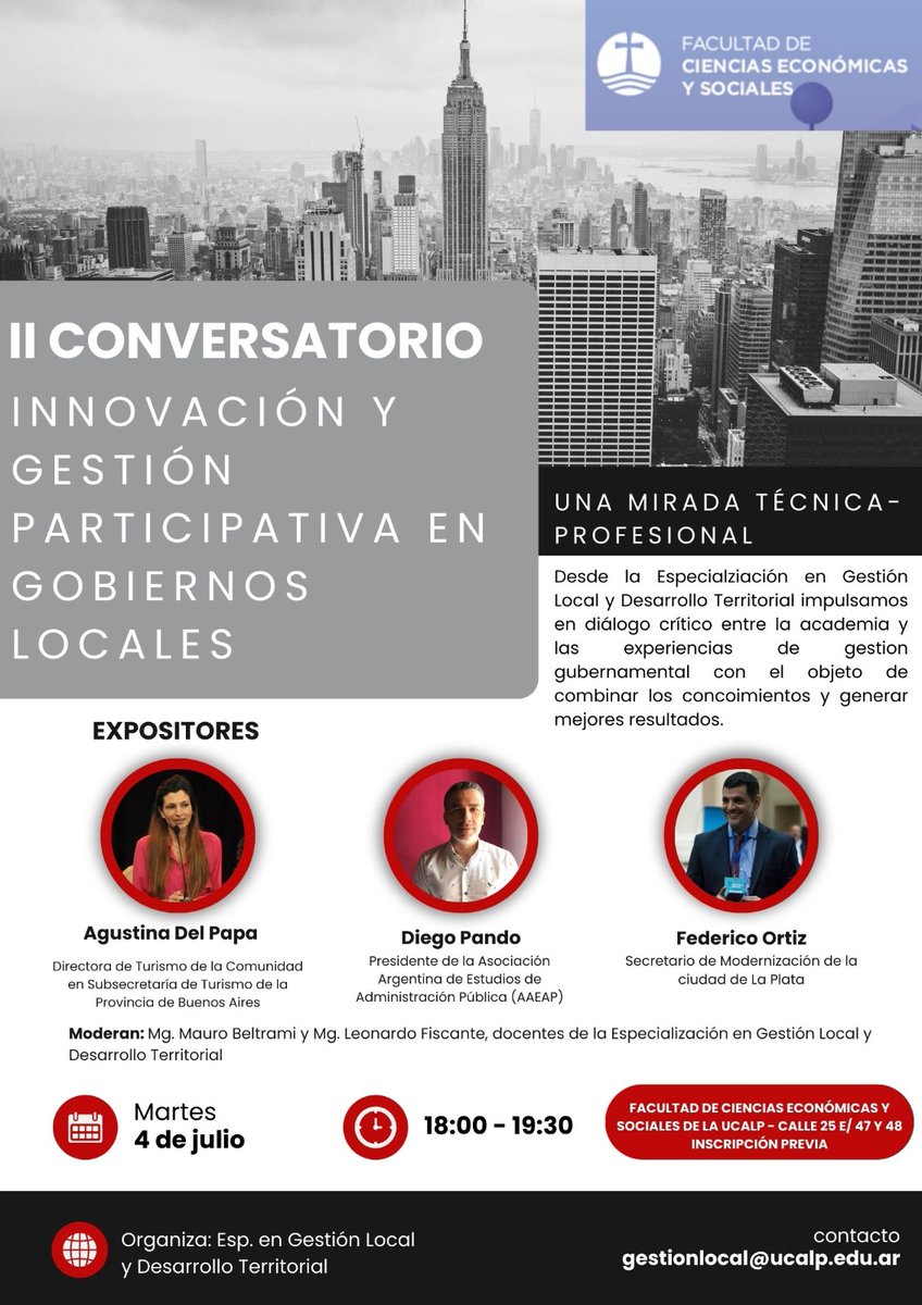 🗓️ MAÑANA
Conversatorio: Innovación y Gestión Participativa en Gobiernos Locales
⏰18:00 hs
Modalidad: presencial en la Facultad de Ciencias Económicas y Sociales (calle 25 e/ 47 y 48, La Plata) y virtual por Zoom
Inscripciones en docs.google.com/forms/d/e/1FAI…