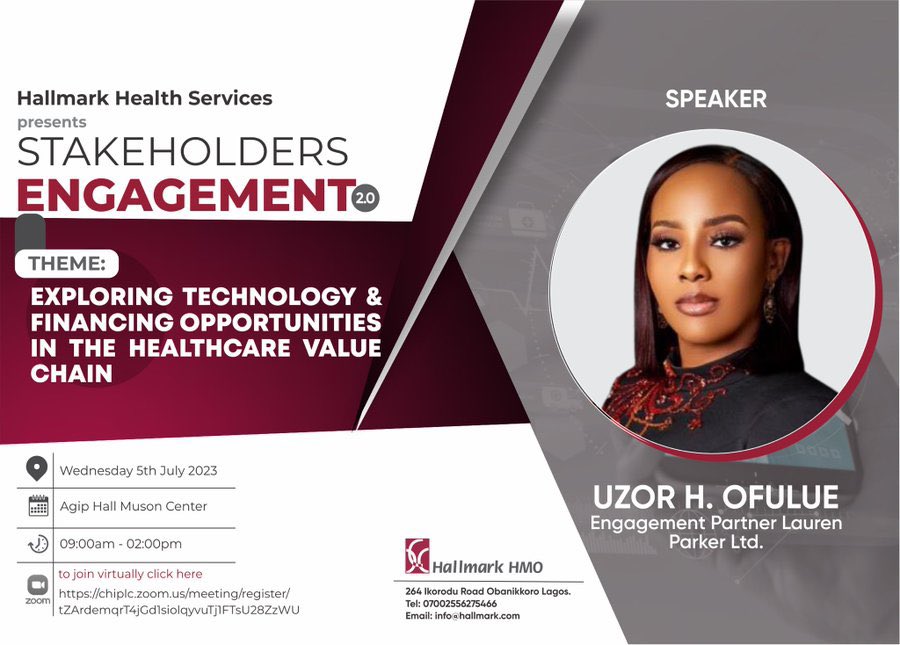 beingnej's tweet image. Guys, Mrs Uzor H. Ofulue Engagement Partner Lauren Parker Ltd. Will also be present at the Hallmark health services stakeholders engagement ☺️.

Don’t miss this impactful program. Register here now chiplc.zoom.us/meeting/regist… 💯🔥
#HHSLStakeholdersEngagement2 #HallmarkHmo
