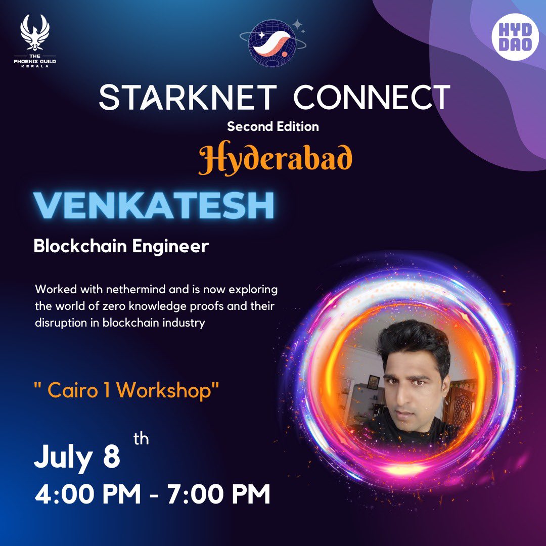 TPGHyderabad's tweet photo. #starknetconnect #starknet #starkware #cairo @Starknet @StarknetIndEco @gyanlakshmi @GuthL https://t.co/4SEYKDlCMv