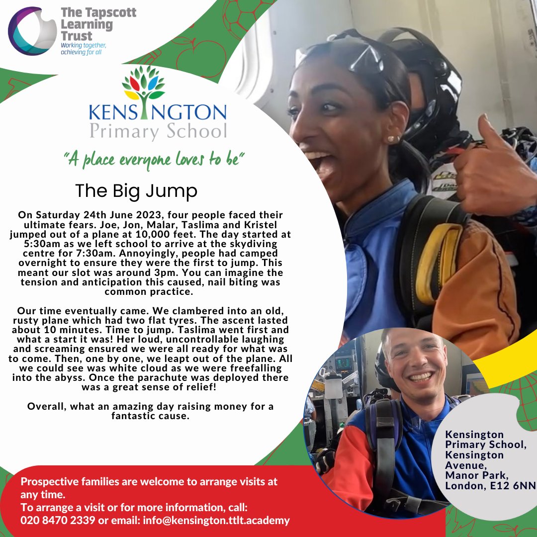 Four staff members at Kensington Primary went above and beyond - skydiving out of a plane to raise money for the school's playground plans. Very Brave and we are very impressed with what you all achieved.