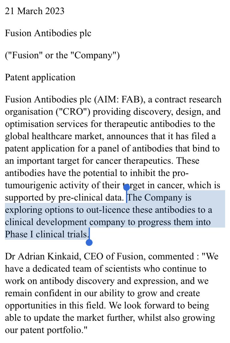 #FAB 👀 The Company is exploring options to out-licence these antibodies to a clinical development company to progress them into Phase I clinical trials