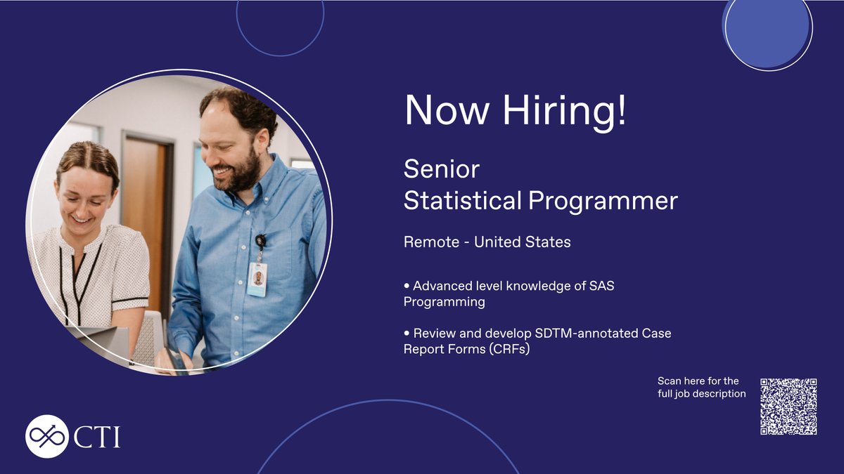CTIClinical's tweet image. Now hiring - Senior Statistical Programmer (Remote - US). Click here to learn more and apply today: recruiting.ultipro.com/CTI1000CTIC/Jo…
#StatisticalProgrammer #StatisticalProgramming #Remote #NowHiring #OpenPosition #Career #CRO #ClinicalResearch #ClinicalTrials #MovingMedicineForward