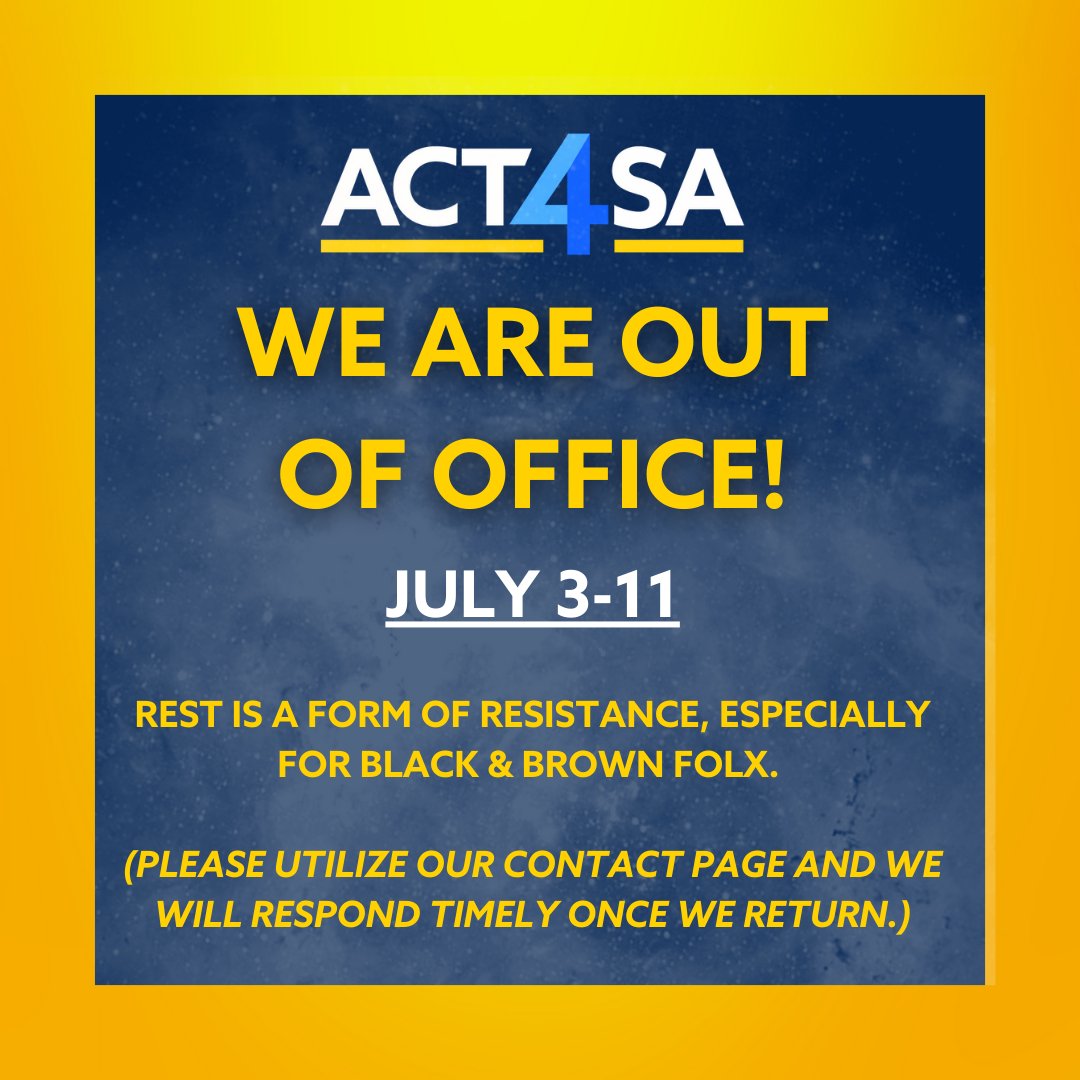 Act4SATX's tweet photo. The ACT4SA team is resting! 
You can contact us with questions or concerns on our site. https://t.co/BZsPua1XRm
#sanantonio #restisresistance #act4sa https://t.co/VjIY34OM7R