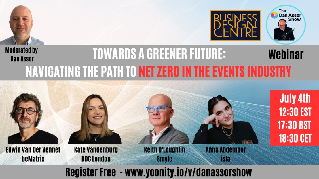 Dan A π§ (@vodcastdan) on Twitter photo Join me as I host a stellar panel on sustainability in the events industry.
Register free here yoonity.io/v/danassorshow
Tues 4/7 1230 EST, 1730 BST, 1830 CET.
@annaabdelnoor <a href="/weareisla_uk/">isla</a> <a href="/Kate_VBG/">Kate Vandenburg</a> <a href="/TheBDC/">Business Design Centre</a>
Edwin Van De Vennet @beMatrix Keith O'Loughlin <a href="/SmyleCreative/">Smyle</a> Join me as I host a stellar panel on sustainability in the events industry.
Register free here yoonity.io/v/danassorshow
Tues 4/7 1230 EST, 1730 BST, 1830 CET.
@annaabdelnoor <a href="/weareisla_uk/">isla</a> <a href="/Kate_VBG/">Kate Vandenburg</a> <a href="/TheBDC/">Business Design Centre</a>
Edwin Van De Vennet @beMatrix Keith O'Loughlin <a href="/SmyleCreative/">Smyle</a>