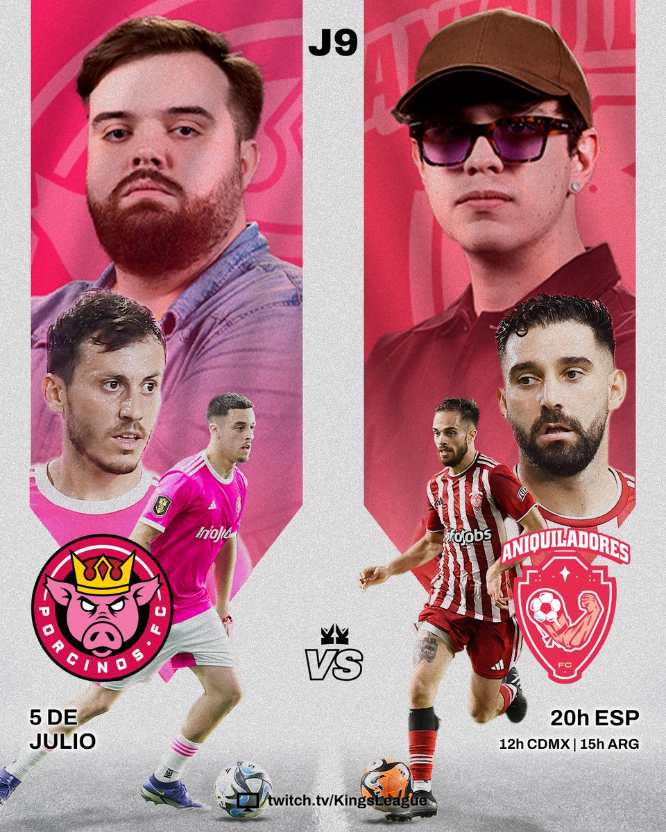 .<a href="/PorcinosFC/">Porcinos FC</a> 🆚 <a href="/AniquiladoresFC/">Aniquiladores FC 💪</a>

🗓 Miércoles 5 de julio a las 20h.

📺 twitch.tv/KingsLeague

#KingsLeague #InfoJobs