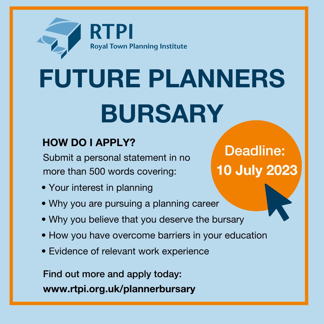 There's only one week left until the Future Planners #Bursary deadline - 10 July
Apply now: rtpi.org.uk/plannerbursary

Bursaries of £5k will be awarded on successful enrolment for a Masters at an RTPI Accredited Planning School in England to go to the cost of studies.