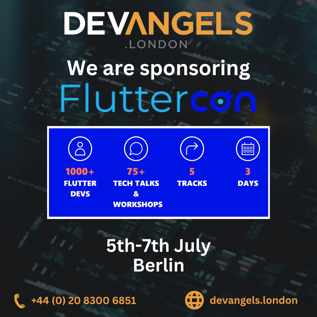 DevAngelsLtd's tweet photo. It is a huge privilege to be sponsoring this year's @FlutterconEU in Berlin. The event will be taking place over 3 days, from Wednesday to Friday this week.
We look forward to seeing some of you there!
#fluttercon #fluttercon23 #mobiledevelopment #mobileapplications #flutter https://t.co/W2j8sK1EV0