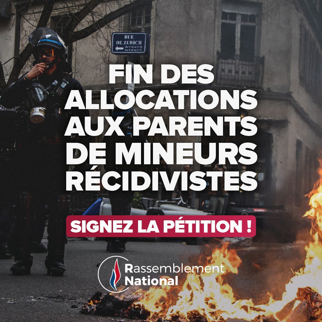 RNational_off's tweet photo. 🔴 Il n’y a aucune raison que les Français soient solidaires de parents de mineurs récidivistes, et qu’ils paient les réparations de LEURS dégâts. 

Signez notre pétition pour exiger la fin des allocations aux parents de mineurs récidivistes 👉🏻 https://t.co/Rckr09Kfpq https://t.co/nJ74bMdzys