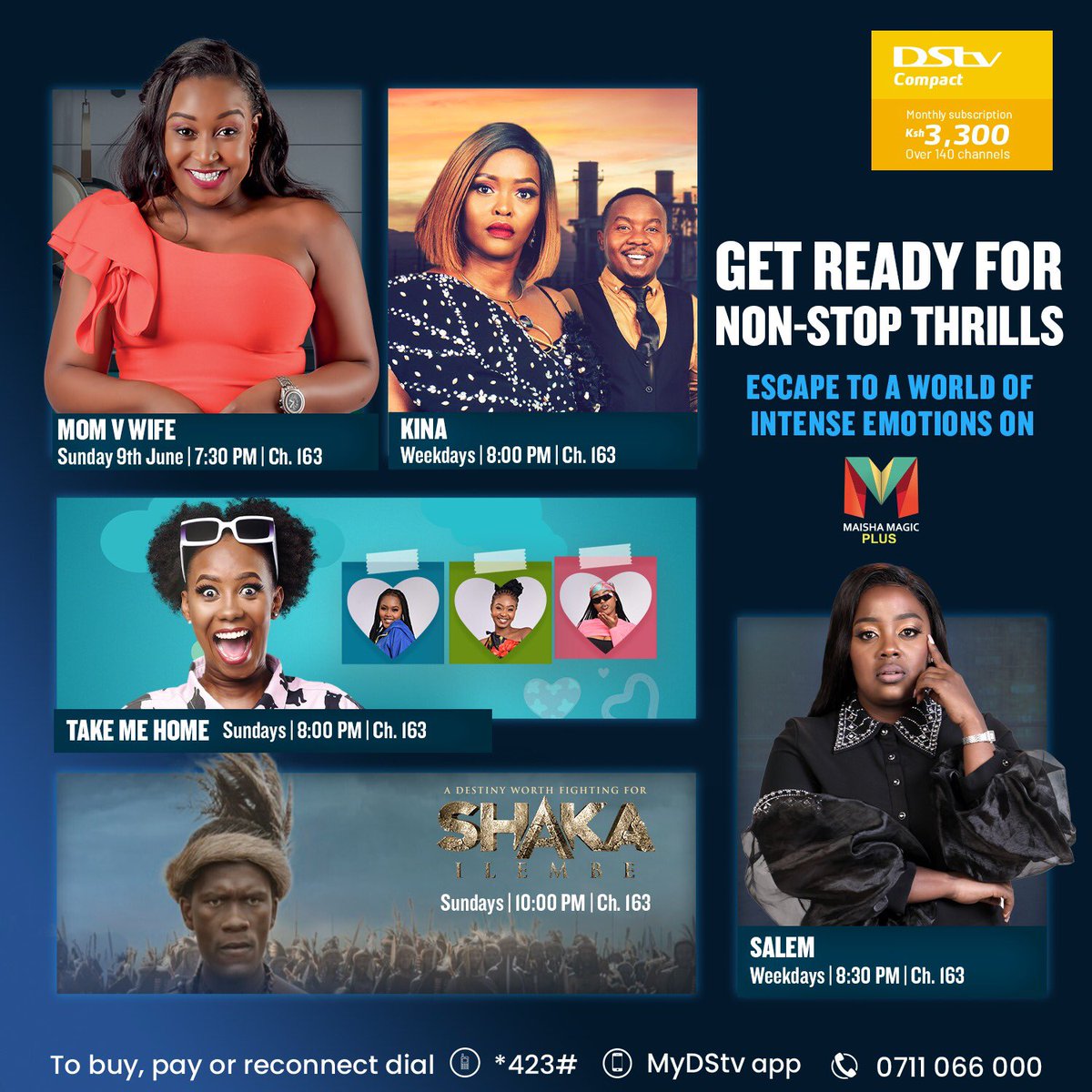Wale wa African Soaps, yaani mapenzi ya hapa na pale na Dramas. It's time you check out KINA, SALEM, TAKE ME  HOME, all on #MyDstvApp. Dial *423# or download the MyDStv App to get connected to DStv Compact for KES 3,300 and enjoy African Series🔥 
#NaFeelHomeWithDStv