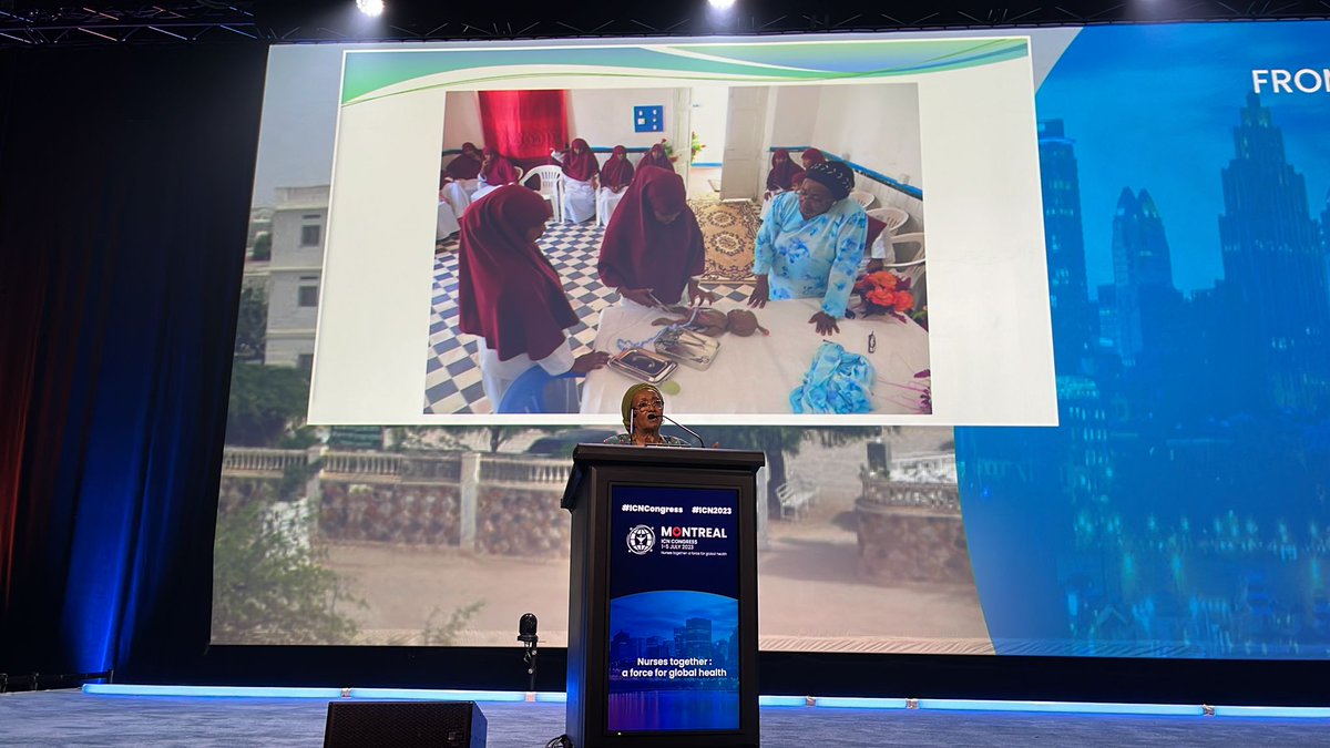 At #ICNCongress Day 3 Plenary “From #women’s oppression to opportunity for all” Edna Adan Ismail explains: in 4 years she built a hospital, 40 #midwifery students graduated as #RN &amp; became the trainers of the next generation. There are now 1000+ trained #midwives in #Somaliland.