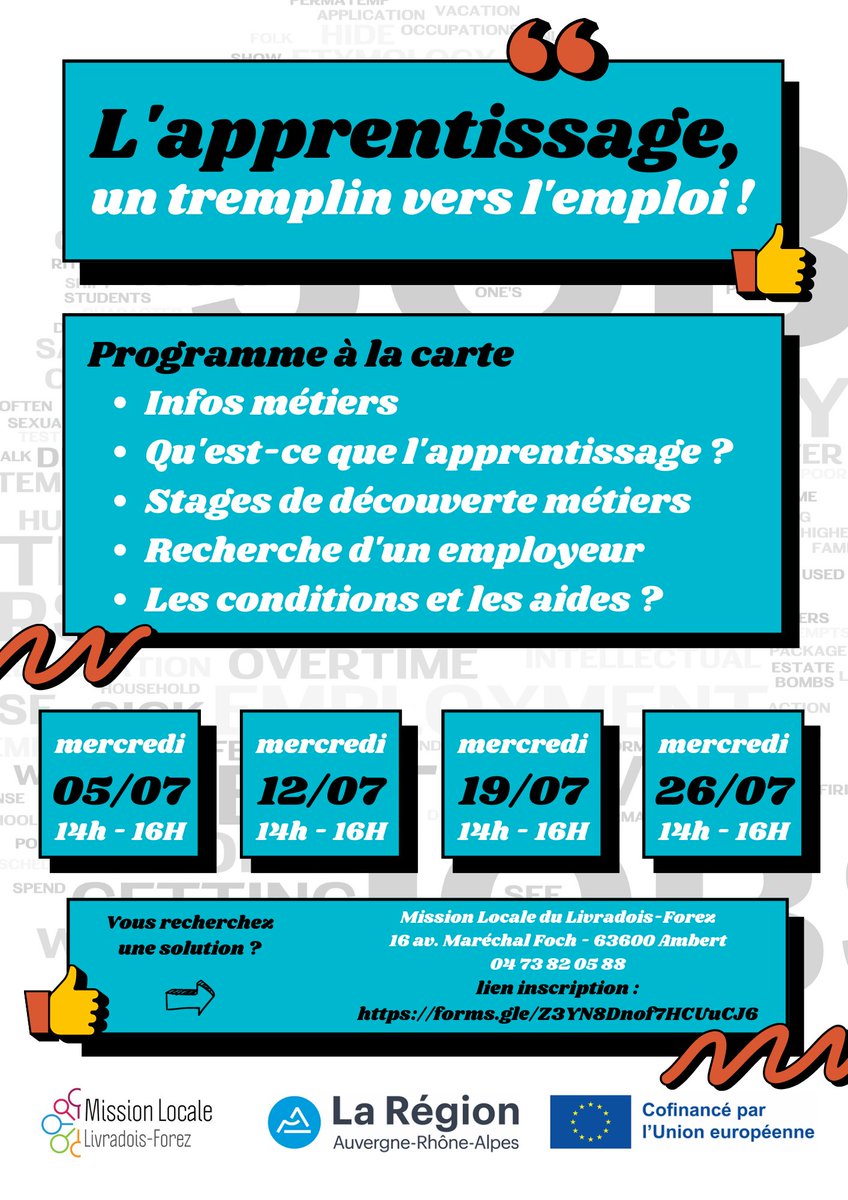 AmbertLocale's tweet photo. 🚨FLASH-INFO🚨
La Mission Locale Ambert vous propose "L'apprentissage, un tremplin vers l'emploi !"
🗓️4 dates en Juillet !
Inscription en ligne : https://t.co/JV6lttgaSs
Contact : Mission Locale du Livradois
📍16 av. Maréchal Foch - 63600 Ambert
☎️ 04 73 82 05 88
#apprentissage https://t.co/xFUx6IQytg