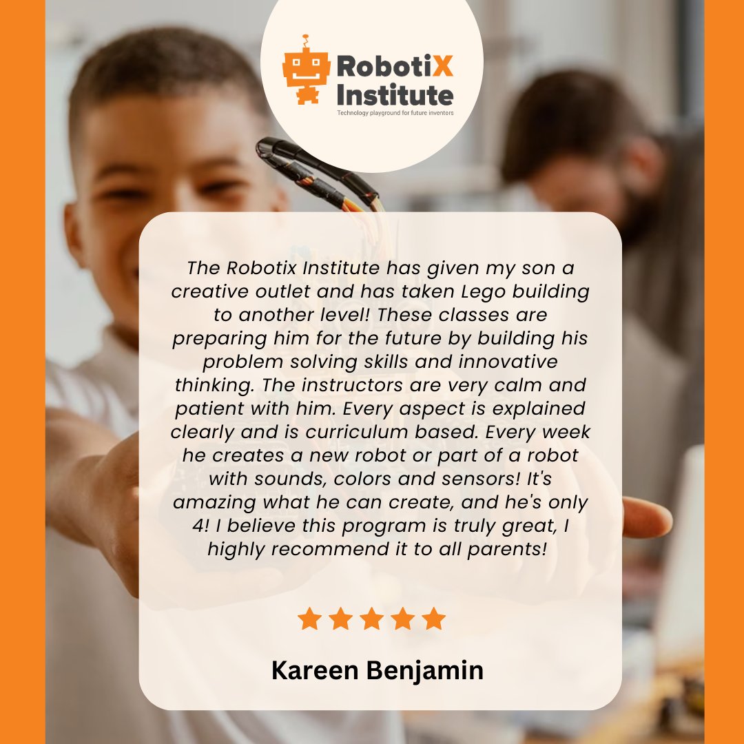 RobotixI's tweet image. We can't be happy enough when it comes from the parents themselves. Read what they have to say about our institute. We are glad to know that we are on the right path. Have you enrolled your kid yet? Call 615-721-2650 to enroll.
#customerreview #robotix #roboticsclasses