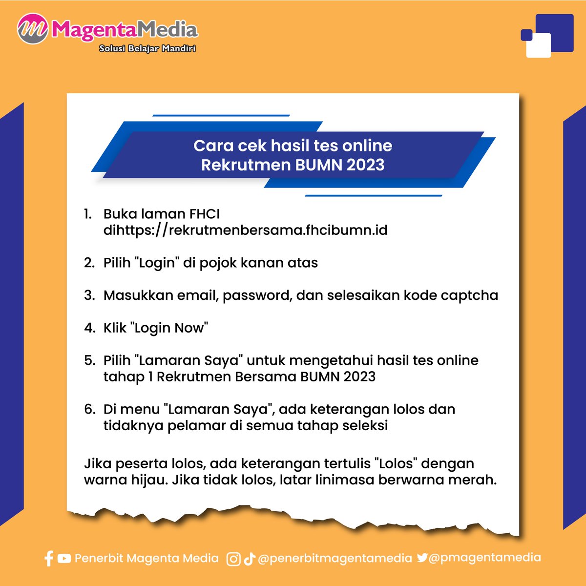 pmagentamedia's tweet photo. Halo sobat magenta, bagaimana hasil tes BUMN tahap 1 kalian? Mimin ucapkan selamat buat kalian yang berhasil lolos ya. Buat yang belum berhasil jangan berkecil hati. Masih banyak tes lainnya yang bisa teman-teman ikuti
#hasil #tes #rekrutmen #BUMN #diumumkan #penerbitmagentamedia https://t.co/kS7bfoMRl9