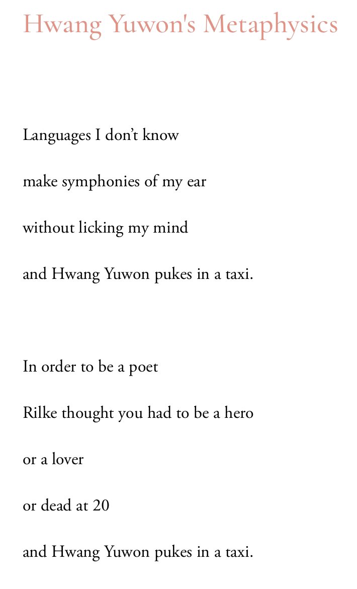 Jake Levine, poet, translator & writer has poems in Surreal-Absurd @Mercuriusmagaz1 today! He co-translated Kim Yideum’s Hysteria @action__books & edits award-winning contemporary Korean poetry series, Moon Country, @BlackOceanOrg. Extract from one poem & his statement here. 🚕