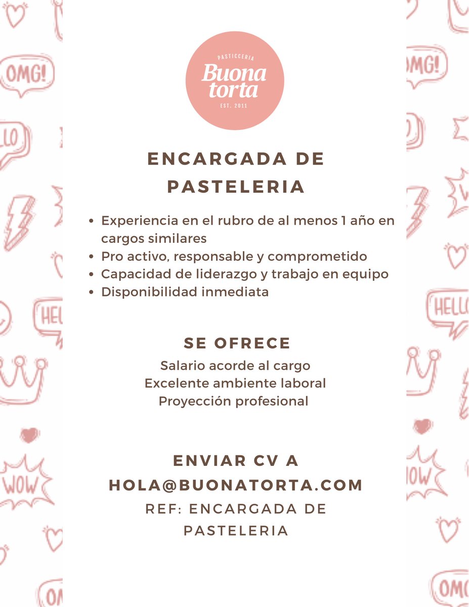Si tenés experiencia en el rubro, manejas pastelería, te gusta liderar y sos entusiasta este puesto que estamos buscando es para vos 💖 

Envianos tu CV a hola@buonatorta.com con ref Encargado de Pastelería 🤩 RT para llegar a la persona correcta 🫶🏽