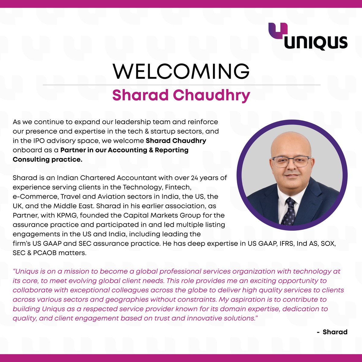 UniqusC's tweet photo. We are pleased to welcome Sharad Chaudhry to the Uniqus family and wish him the best in his journey with Uniqus.
#uniqus #accountingadvisory #esg #consultech https://t.co/4uhTfSb3xx