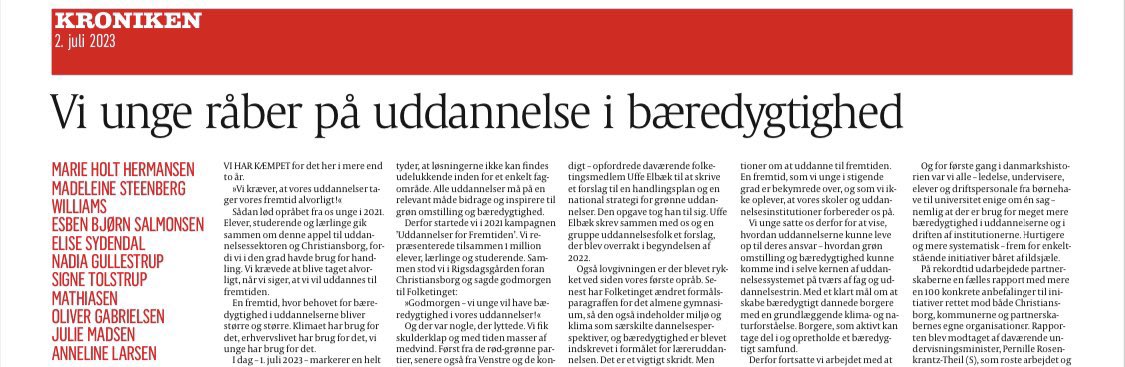 Uddannelse i bæredygtighed spiller en nøglerolle i den grønne omstilling. 

Vi unge har nemlig brug for de rette grønne kompetencer til at kunne finde de nødvendige løsninger på klimakrisen. Det skriver jeg om i <a href="/politiken/">Politiken</a> med <a href="/ESydendal/">Elise Sydendal</a> m.fl.

Læs med 👇🏻
politiken.dk/del/5NosJxAA_f…