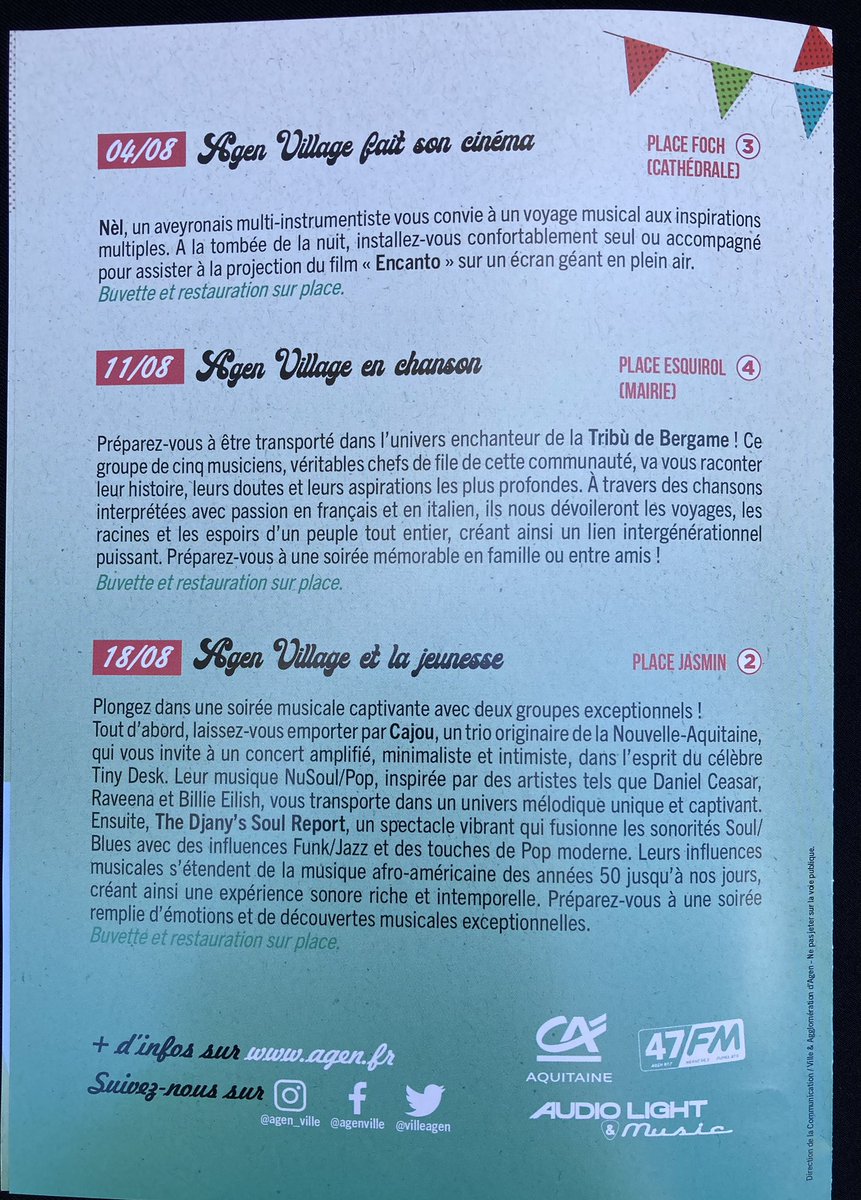#Agen village 2023 : c’est parti ! Tous les vendredis soirs du 7 juillet au 18 août en itinérance (places Foch, Esquirol, Jasmin et rue Parmentier pour la 1ere date avec les commerçants du marché couvert) Danse, cinéma, cabaret, chant .. il y en aura pour tous les goûts ✅👍