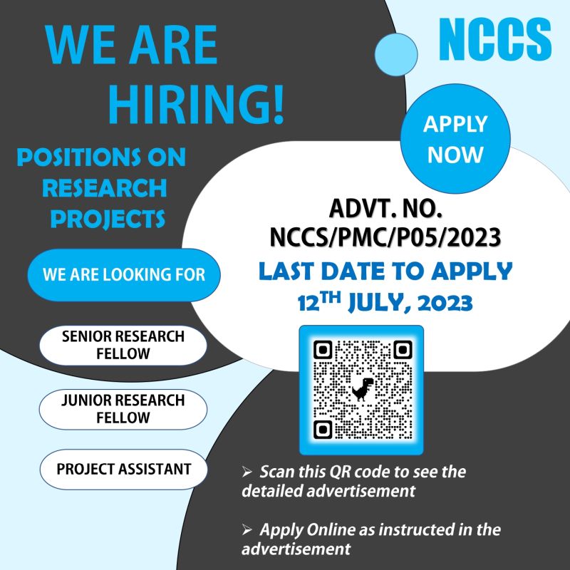 #PositionsOpen

We are #hiring for #positions available on #research projects.
Please #apply as instructed in the #advertisement.
Have questions? Please write to pmc@nccs.res.in
#hiringalert #hiringnow #hiring #researchprojects #cellbiology #biotechnology