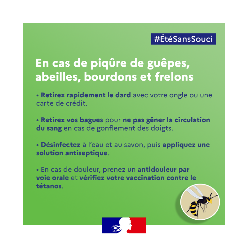 Sante_Gouv's tweet photo. #ÉtéSansSouci ☀ | Vous êtes piqué à la main ? 

Retirez vos bagues pour ne pas gêner la circulation du sang en cas de gonflement.