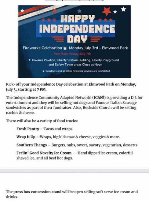 Fireworks and festival starting this evening at 7pm.  Fireworks around 10pm. <a href="/YourIndyOH/">Independence Economic Development</a> <a href="/IndependenceTo2/">Independence Today</a> <a href="/YourIndySchools/">IndependenceSchools</a>