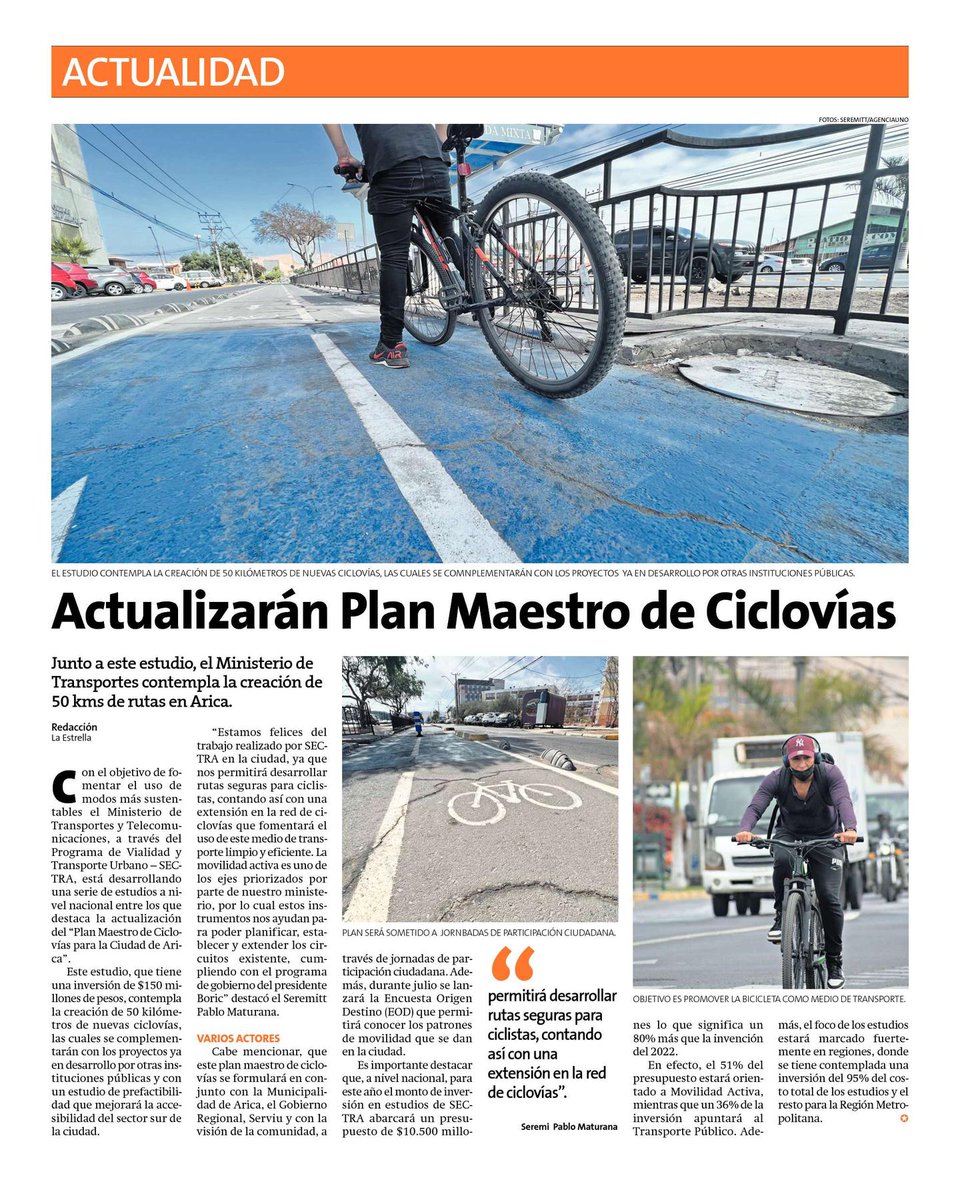 Más ciclovías de alto estándar para Arica 🚲
El equipo <a href="/MTTSectra/">Programa de Vialidad y Transporte Urbano</a> se encuentra trabajando en los nuevos kilómetros que le permitirán a los y las ciclistas trasladarse de manera más segura por la ciudad.

Información que destaca hoy La Estrella de Arica 📰
#PrensaMTT
