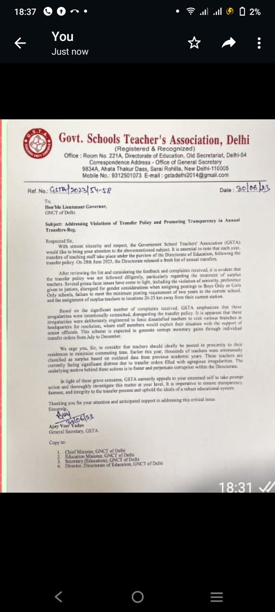 sandkhur19's tweet photo. @bjpdelh @MPGautamgambhir
Again a scam by Delhi Govt. Delhi govt teacher transfers have happened on Friday on mass scale after taking monetary favours .All the criterions have been bypassed by Delhi govt education dept officials 
Teachers union has also written a letter to LG https://t.co/NGcX9E7Z6D