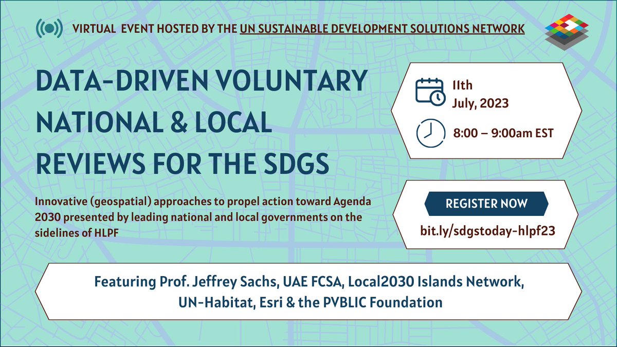 sdgstoday's tweet photo. Join us for our virtual event on the sidelines of #HLPF2023 next week featuring innovative #geospatial data approaches & tools for SDG reporting at national and local levels!
📅 July 11th
🕗 8 am EST
🔗Register NOW 👉https://t.co/g6K96fqtmq https://t.co/8K9YtfwxnX