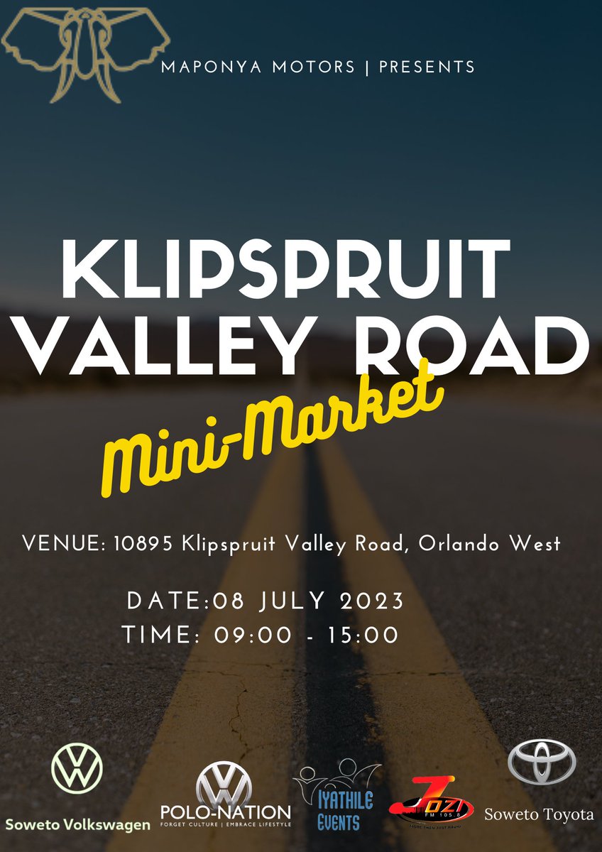 Join us as we celebrate the re-opening of the Klipspruit Valley Road with a Mini Market.

Free Entrance
Free 20-Point Check for the first 20 VW Cars!
Free Car Evaluations!
Specials!
Food stalls
Local vendors

WhatsApp: 066 397 4623 for more info

#soweto #special #road #VW