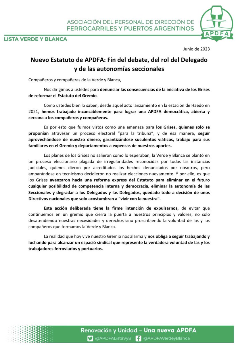 Carta de la Verde y Blanca “Nuevo Estatuto de APDFA: Fin del debate, el rol del Delegado y de las autonomías seccionales”