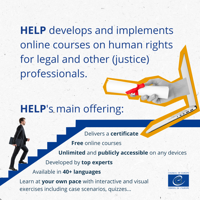 coe's tweet photo. 🎓 Are you a legal professional?
 
👉 Take our free HELP online courses 📚 and learn how to apply the European human rights standards in your daily work.
 
HELP covers a range of #HumanRights topics ⤵️
