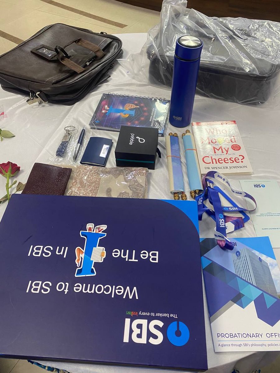 This time, SBI gave to all a smartwatch and a leather bag to the new PO employees in welcome kit. And rest stuff is same as usual. I want all of you to take this welcome kit next year. <a href="/TheOfficialSBI/">State Bank of India</a>