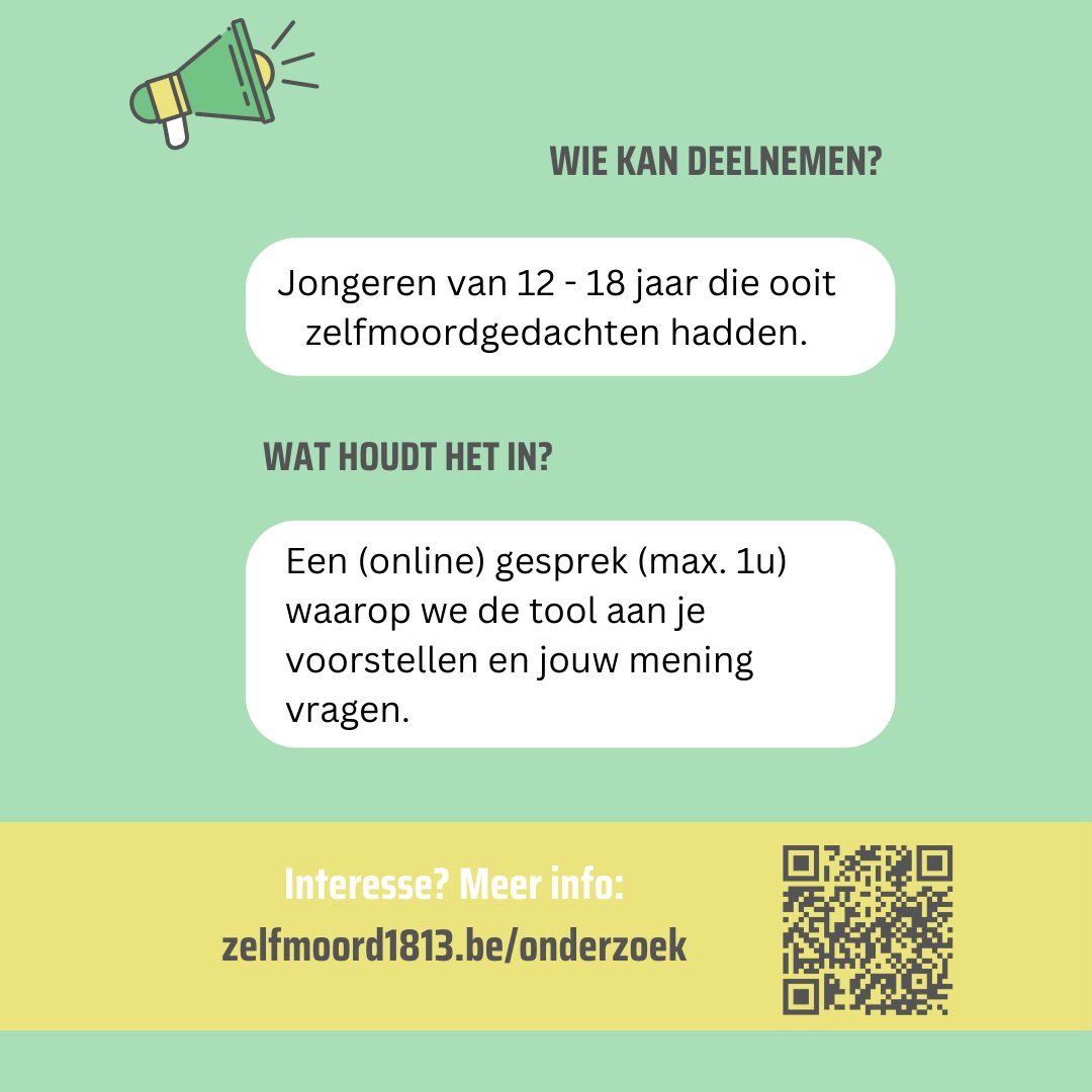 We doen een onderzoek naar het aangepast Safety Plan voor jongeren📑. Ben jij of ken jij een jongere?

Neem een kijkje 👀 op zelfmoord1813.be/onderzoek