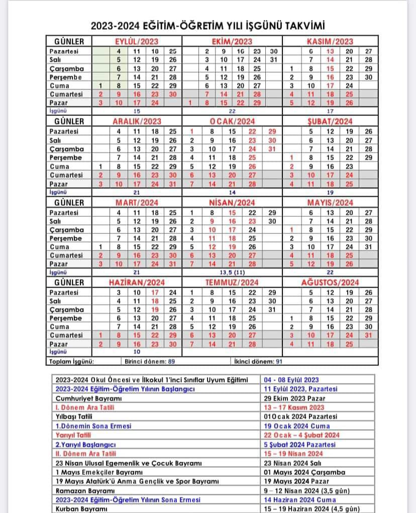 MEB 2023-2024 EĞİTİM VE ÖĞRETİM YILI ÇALIŞMA TAKVİMİ 

1- Mesleki Çalışmalar, 
04 Eylül 2023
2- 1.Dönem 
11 Eylül 2023 başlar 
19 Ocak 2024 sona erer.
3- okul öncesi  ile ilkokul 1 için 
04 – 08 Eylül  uyum eğitimi
4-ara tatil 13- 17 Kasım 
5- Yarıyıl tatili, 22 Ocak 2024…