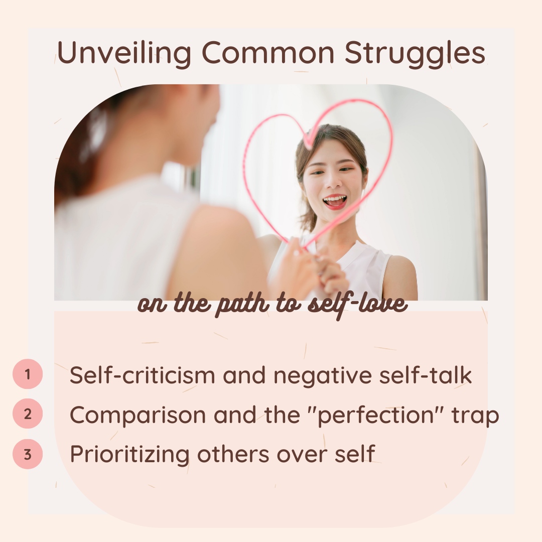 🌟 Struggles on the Path to Self-Love: Self-criticism, comparison, prioritizing others. Embrace self-compassion, self-acceptance, and set boundaries. You are worthy! 💖🌸 #SelfLoveJourney