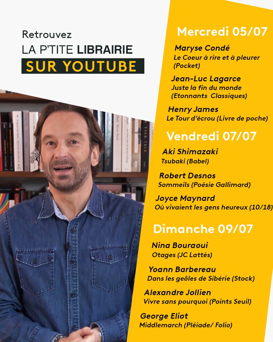👀Retrouvez chaque semaine La P'tite Librairie sur Youtube !
📺Les mercredis et vendredis à 19h00 et les dimanches à 10h00 sur la chaîne Youtube de La Grande Librairie : bit.ly/3MA09Jx