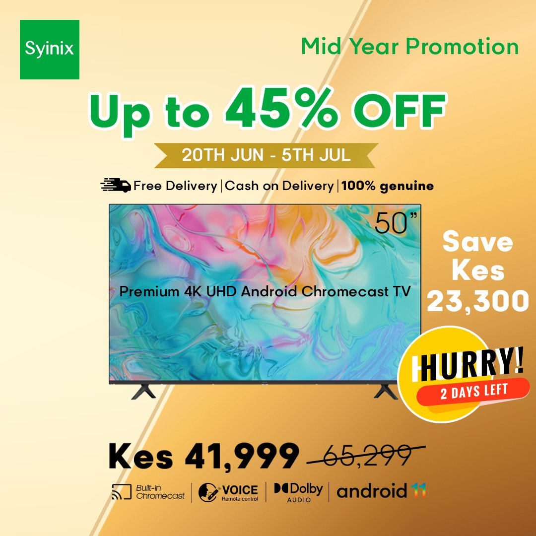 SyinixKE's tweet image. Upto 45% off📷 2Days left Gust. It's definitely time to upgrade that TV in your house.
Let your kids enjoy all the amazing shows on Syinix 32E4M. For more click ke.syinix.com/.../syinix-bes…... 📷
#SyinixelectronicsKE #androidtvs #u51series #midyearsale #43A51
