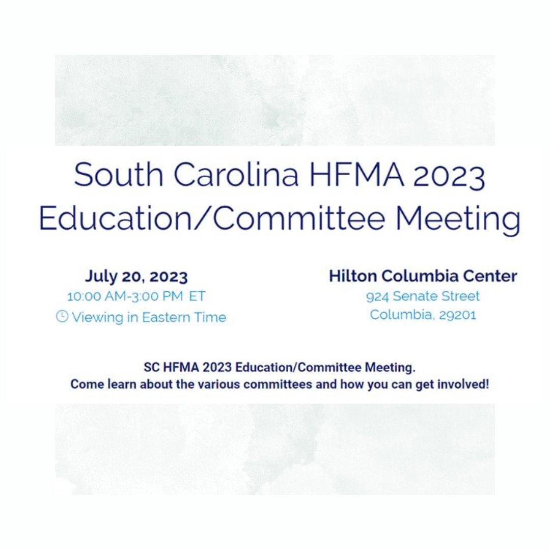 Our link is now open for our upcoming SCHFMA Education/Committee Meeting in Columbia, SC. We look forward to seeing you there.

lnkd.in/g-pXa4UT

#SCHFMA