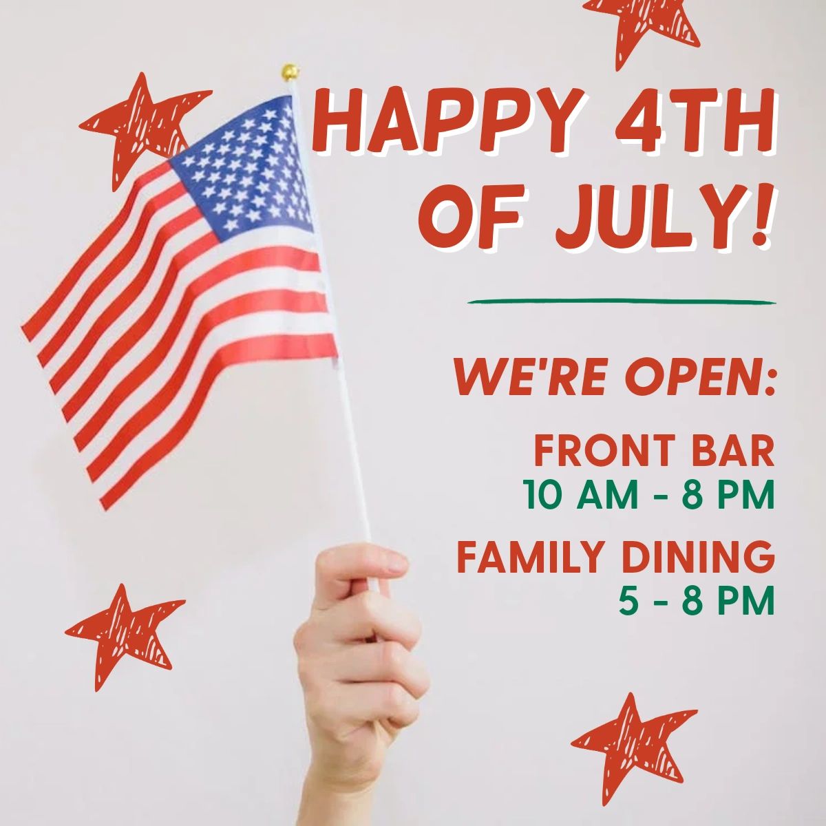 TheCloverleafWA's tweet photo. Come celebrate America's birthday with us! Our front bar will be open from 10 AM to 8 PM and family dining from 5 to 8 PM. We’ll see you then! #TheCloverleaf #TheCloverLeafWA https://t.co/fkGzlo6wJf