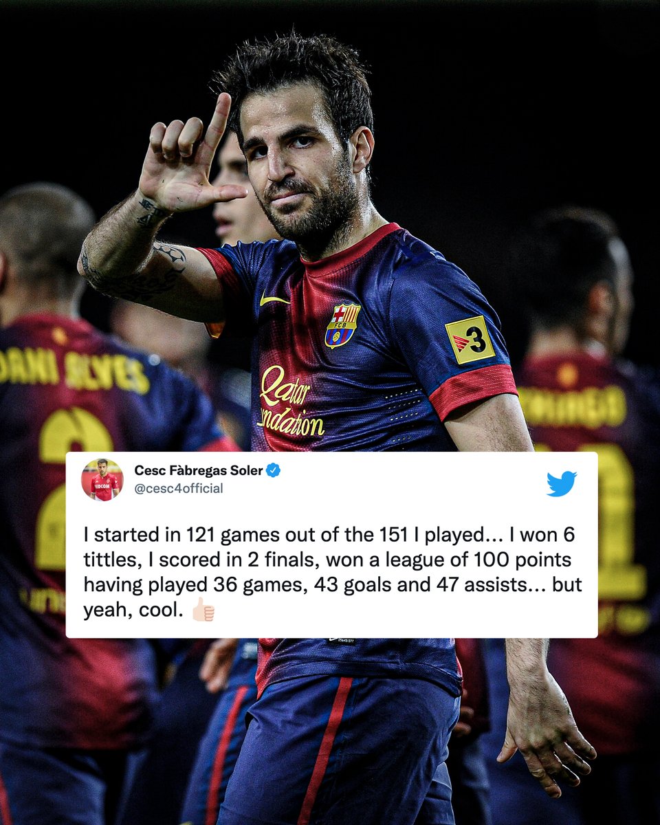 ESPNFC's tweet photo. Never forget when Cesc Fabregas responded to a fan who said that he just sat on the bench at Barcelona 🥶 https://t.co/pUKGSjSVAI