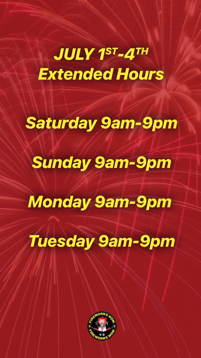 FireworksNowLLC's tweet photo. Extended Hours: Visit us at any of our three showrooms.                                                                                📍 Bunker Hill, WV: 12748 Winchester Ave
📍 Chambersburg, PA: 1512 Lincoln Way East
📍 New Oxford, PA: 3205 Carlisle Pike.  #4thofJuly https://t.co/RaJABrtTxK