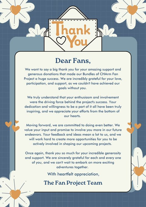 _ArohaPH's tweet photo. As our Bundles of CHArm Fan Project comes to an end, we would like to extend our heartfelt gratitude to everyone through this letter. 💜

Transparency report will be posted soon. Thank you so much for your support. 

 - The Fan Project Team https://t.co/D00C0B0m9W
