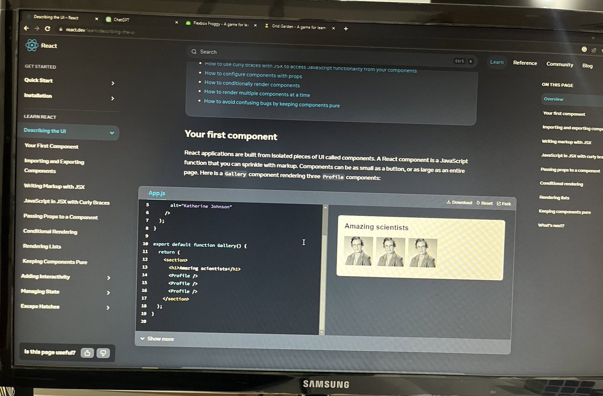 Akshaykumar2E6's tweet photo. Got started with react
Importing and exporting components 
UI building blocks
Using a component 
Nesting &amp; organising components 
@uxdatainstitute 
@vinodgowda111 https://t.co/z8OwztRqjP