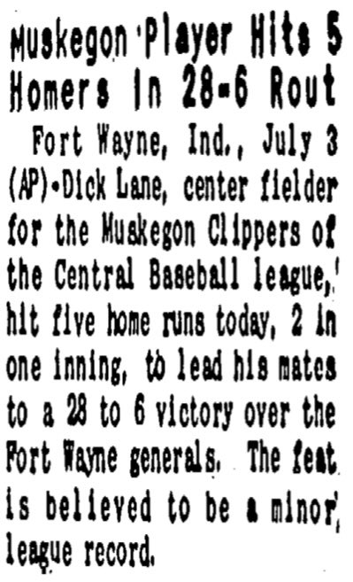 SoxNerd's tweet photo. Today in 1948: A year before joining the #WhiteSox, #DickLane clubbed 5 home runs for Muskegon in a Central League game vs. Fort Wayne. Lane, an outfielder from Highland Park, Mich., hit .119 with 4 RBIs in 12 games for the 1949 White Sox -- his only taste of big league action. https://t.co/DaGsn9h4An