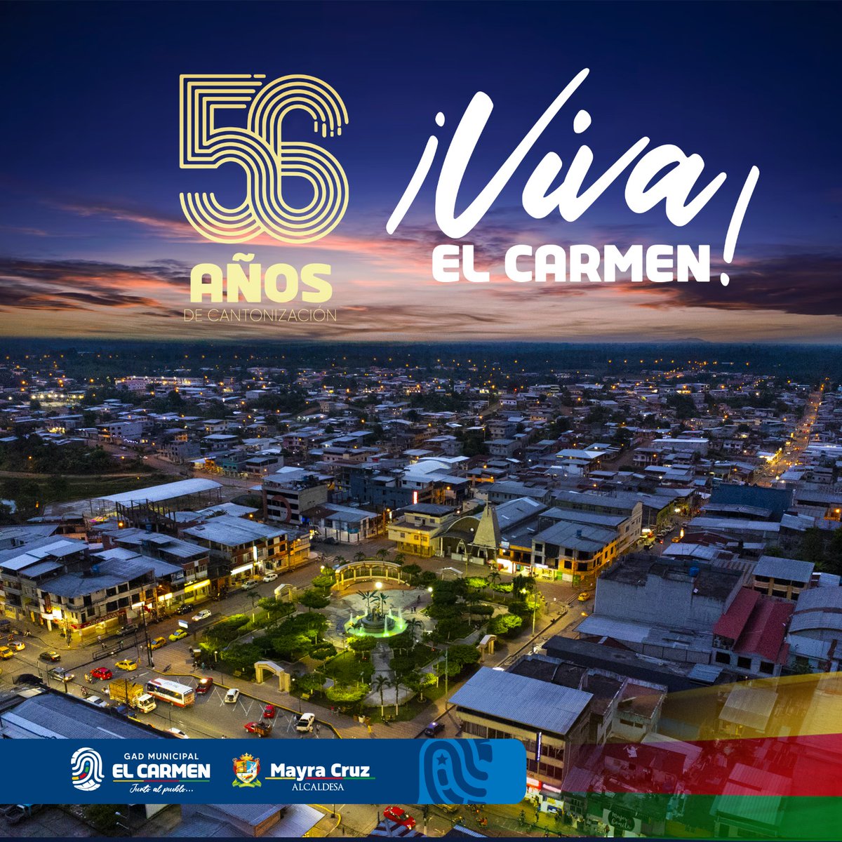 Salve, ¡oh! Carmen tu pueblo se agranda. 💛❤️💚 

Hoy más que nunca estamos orgullosos de pertenecer a esta tierra maravillosa y bendita que nos ha dado tanto. 

¡Qué viva El Carmen en su aniversario 56 de cantonización! 🥳