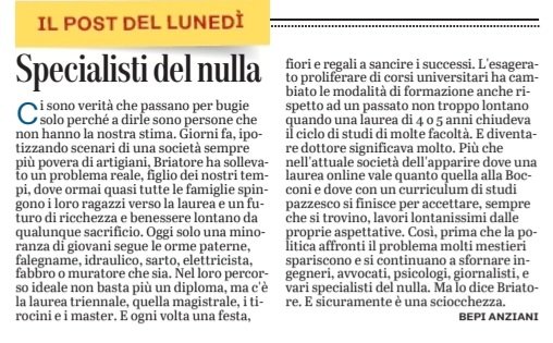 bepianziani's tweet photo. Cose che fanno discutere...
#ilpostdellunedì #unionesarda #artigiani #Briatore #formazioneprofessionale #laurea https://t.co/TK2TmplEiU