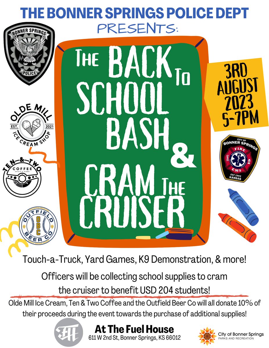 BonnerSpringsPD's tweet photo. Mark your calendars to join us on Thursday, August 3rd from 5 to 7 pm at the Fuel House!  Help us cram our cruiser with supplies!  And enjoy ice cream from Olde Mill or a beverage from Ten &amp; Two or Outfield Beer Co as they will be donating 10% of their proceeds during the event! https://t.co/ktluXgaYGl