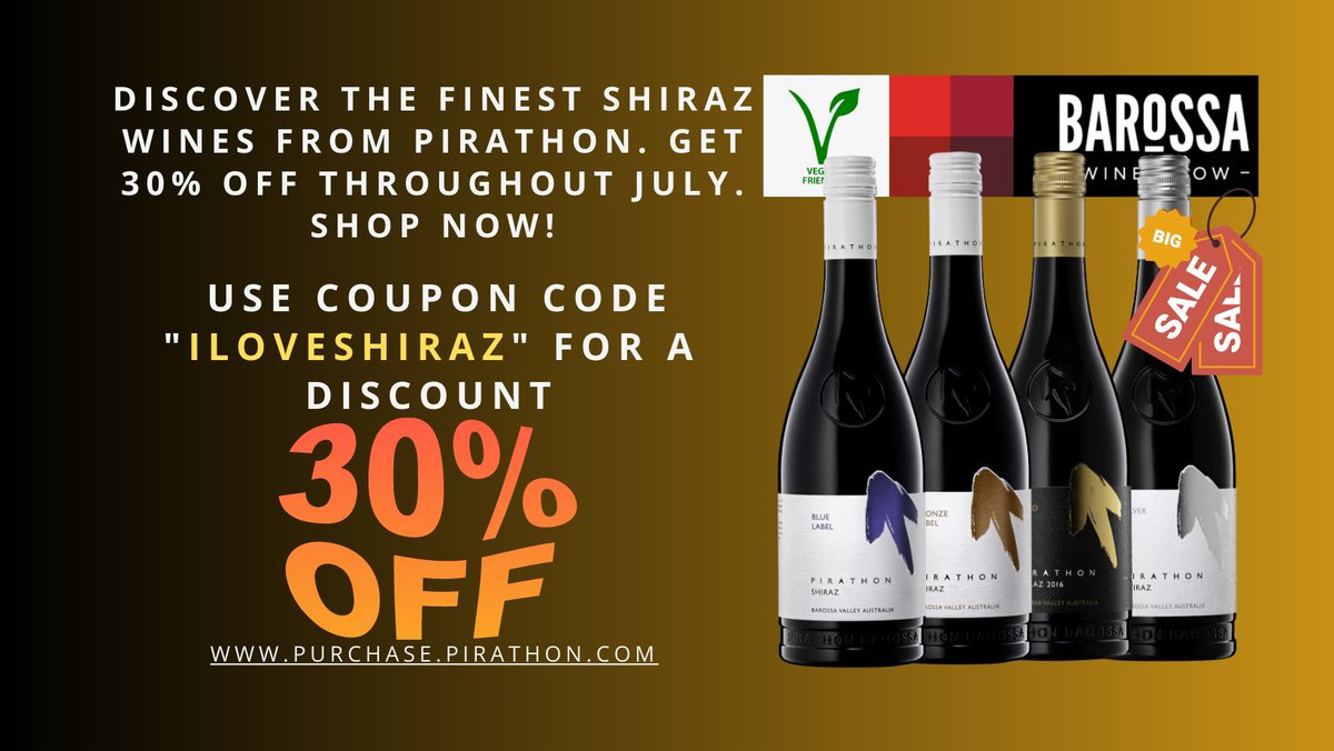 Celebrate Shiraz Wine Day with a Special Offer from Pirathon Wines!
Throughout the month of July, for online sales
To take advantage of this limited offer, simply visit our website at purchase.pirathon.com and enter  code "ILOVESHIRAZ" 
#shirazwineday  #barossavalley #pirathon
