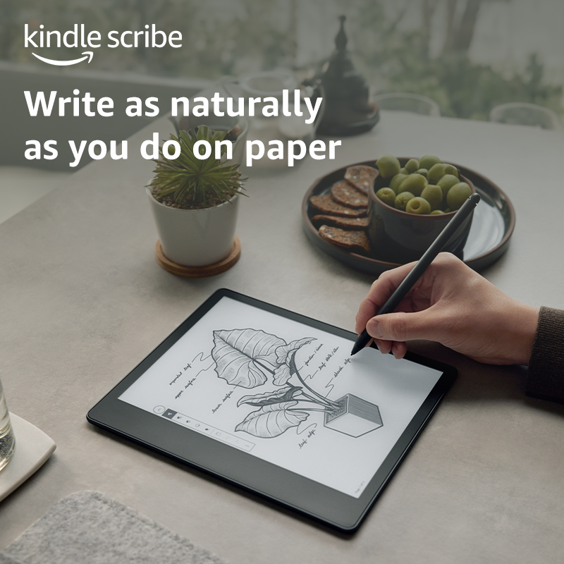 AmazonKindle's tweet photo. From the grip of the pen in your hand to the sound you hear when you write and sketch, Kindle Scribe’s surface feels like paper. Shop now.